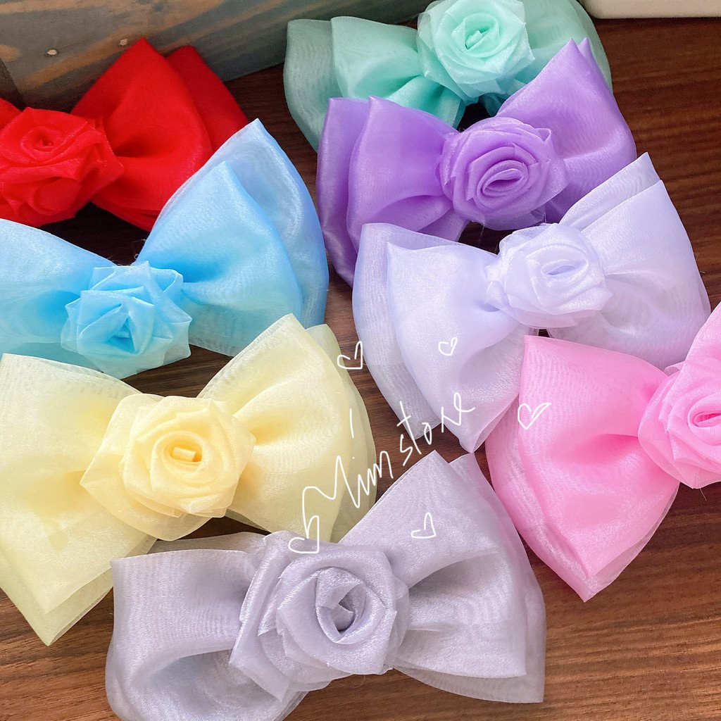 Kẹp nơ tiểu thư hoa hồng voan handmade TIMSTORE phong cách hàn quốc