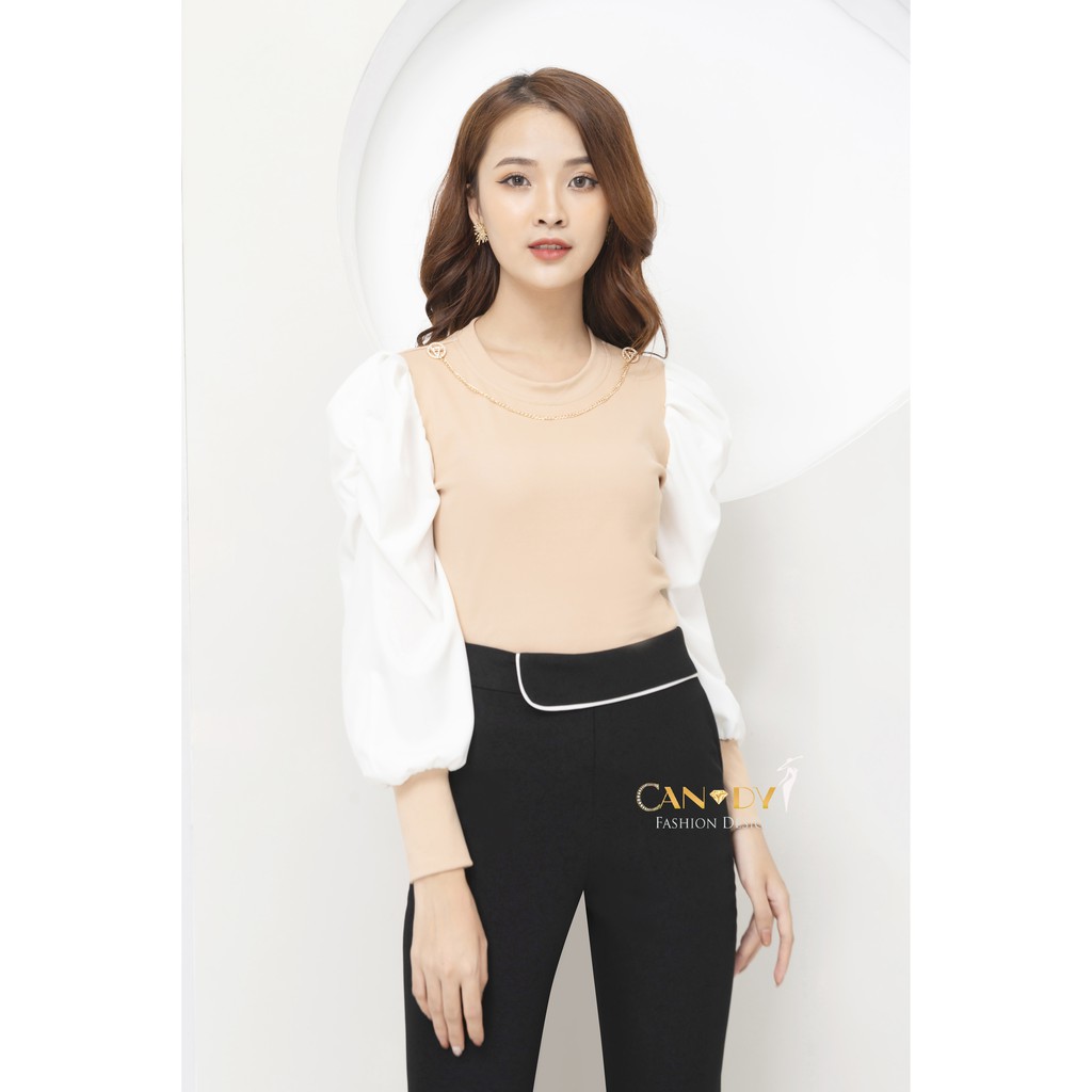 Áo Sơ Mi Nữ Tay Bồng Phối 2 Màu Kèm Phụ Kiện A376 - Candy Fashion