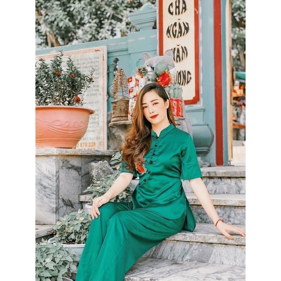 Đồ lam đi chùa -Bộ đi lễ Chất lụa cao cấp kèm dây thắt eo L06