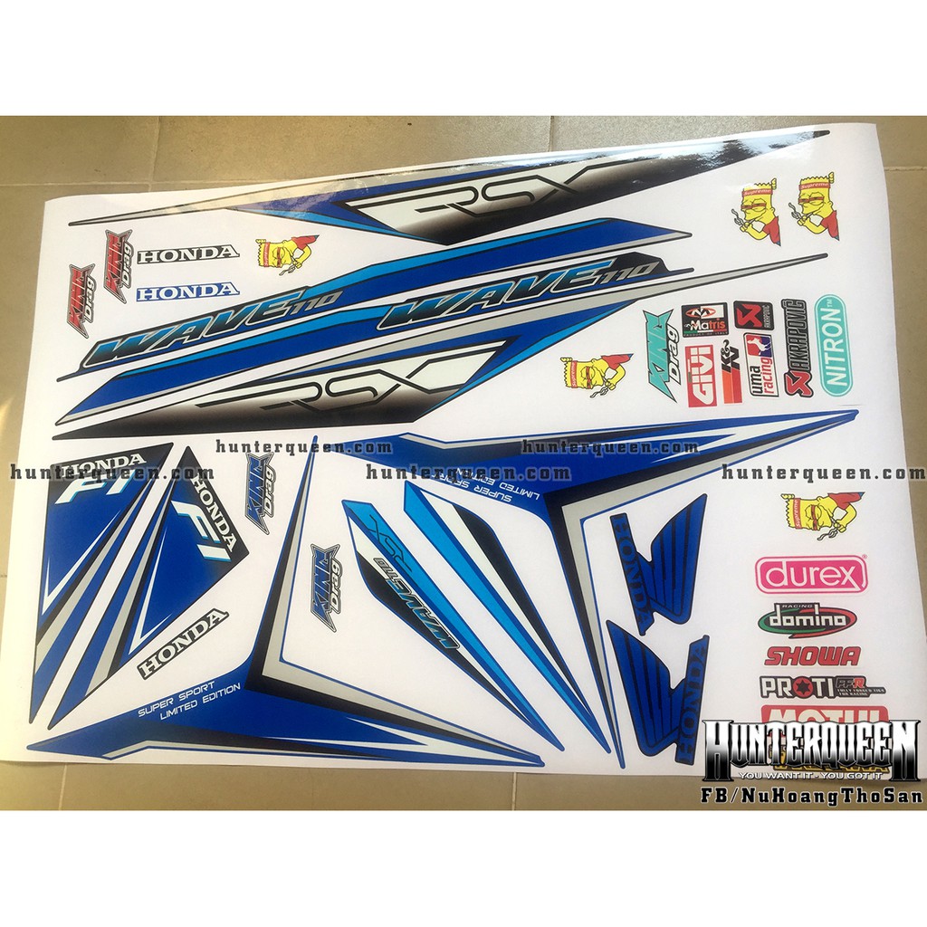 Tem rời dán xe WAVE RSX 2014 đen xanh, phối màu hài hòa. Thiết kế theo yêu cầu