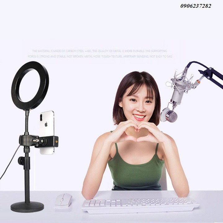Giá đỡ 2 điện thoại live tream để bàn , Led ring 14cm_RE0341
