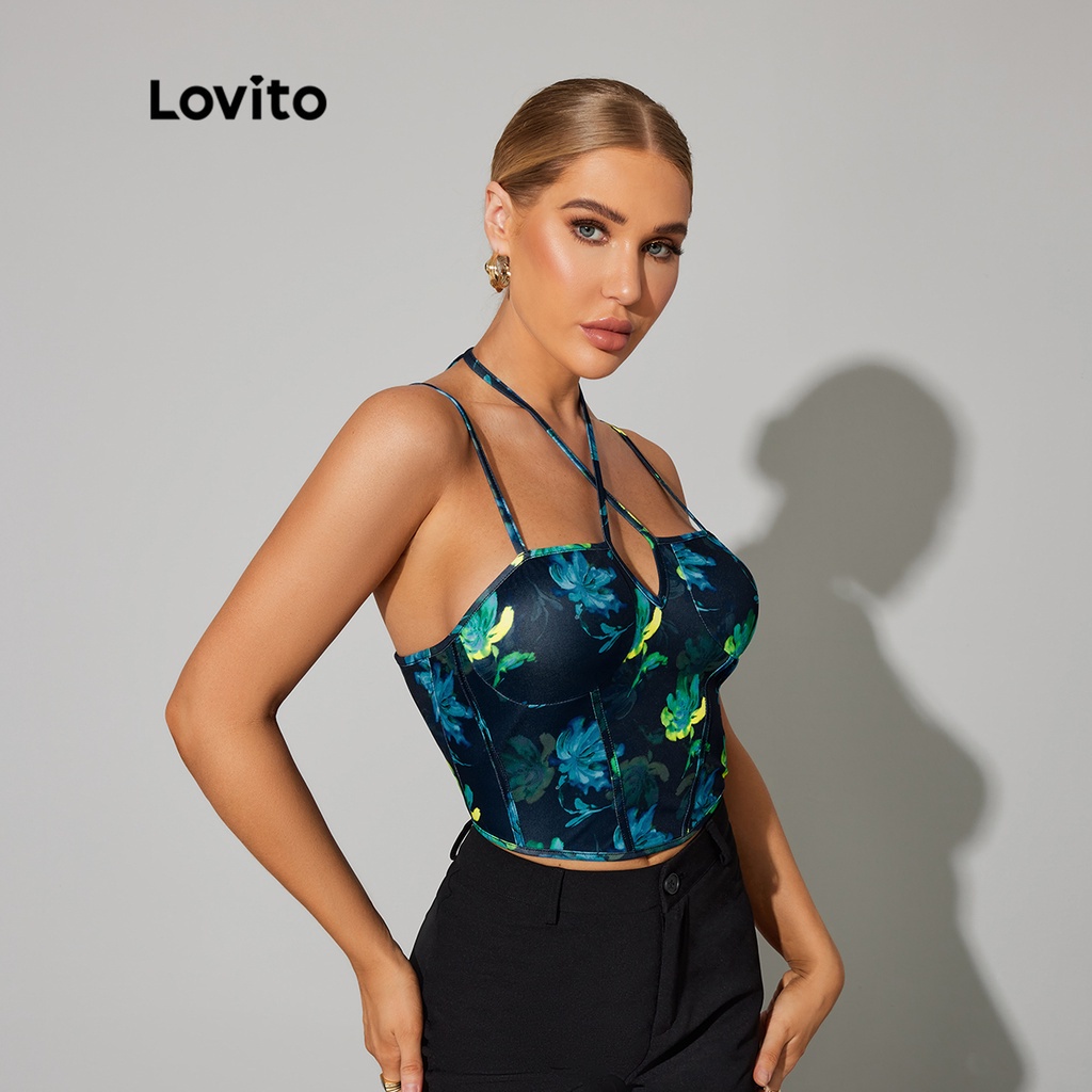 Lovito DAY &amp; NIGHT GLAMOR Thường Hoa Ren Up Criss Cross Women Camis Top L32LE023 (Xanh lam lam)