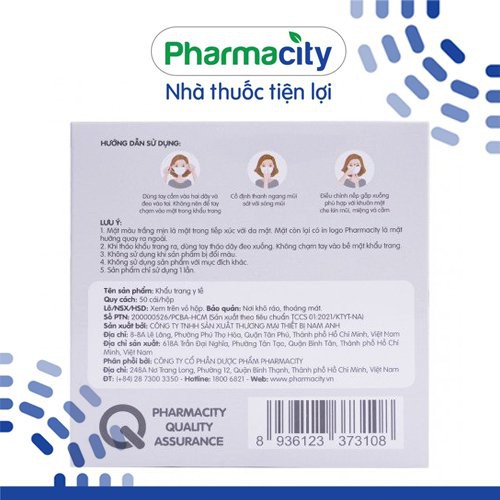 Khẩu trang y tế màu trắng 3 lớp Pharmacity size XL(Hộp 50 cái)