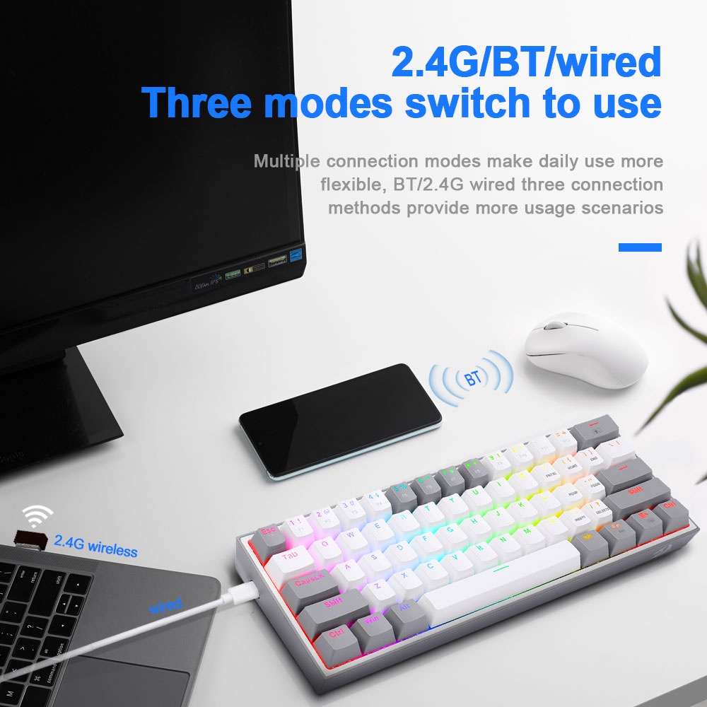 Bàn phím cơ Redragon Fizz Pro K616 RGB USB Bluetooth 2.4G 61 phím 3 chế độ với công tắc màu đỏ
