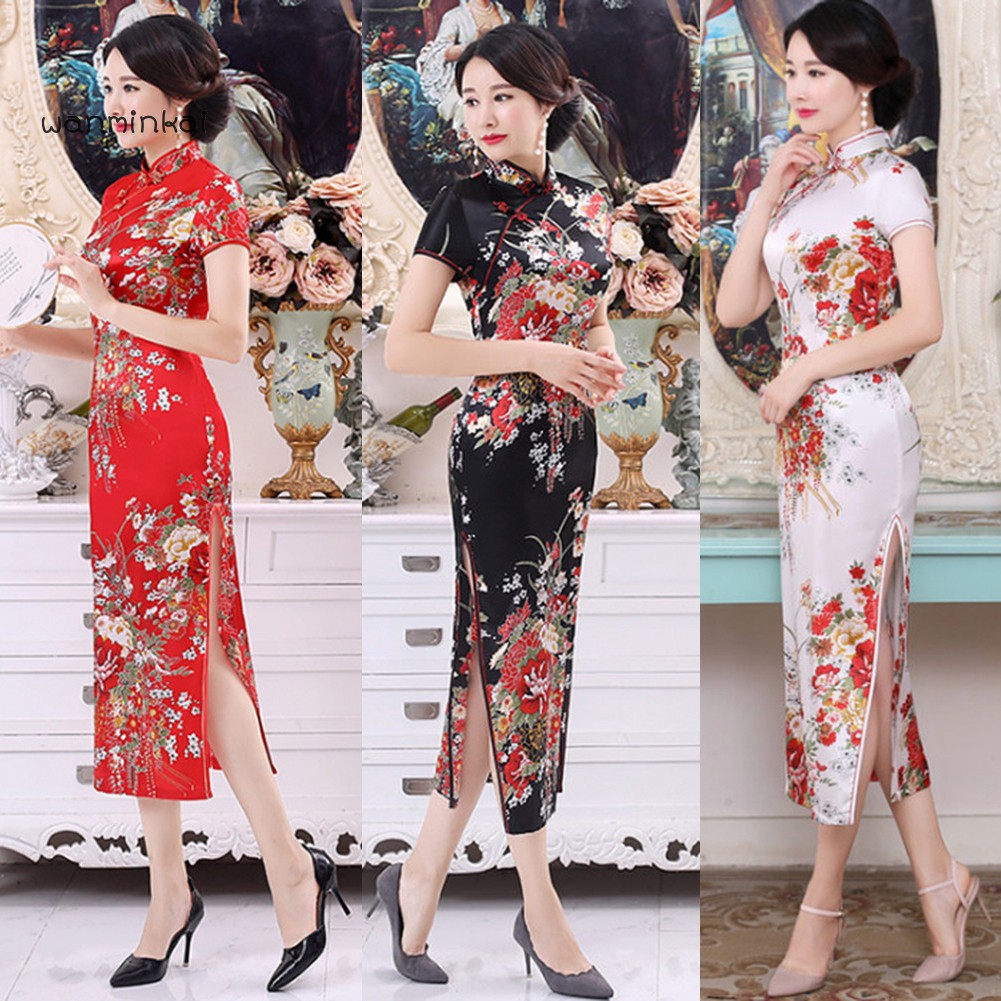 ♉Đầm Sườn Xám Cách Tân Cổ Đứng Tay Ngắn Xẻ Tà In Họa Tiết Hoa Phong Cách Trung Quốc Cho Nữ_Part2