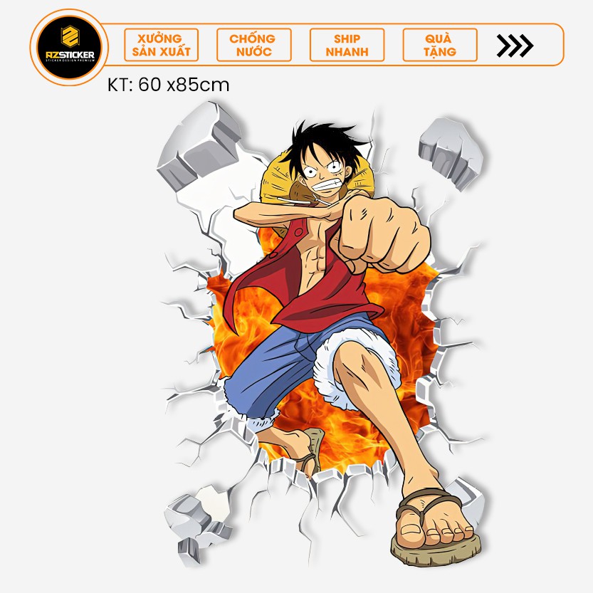 Tranh Dán Tường 3D Decor Nhà Cửa , Phòng Học , Thư Viện , Hiệu Sách | Hình Dán 3D Monkey D Luffy