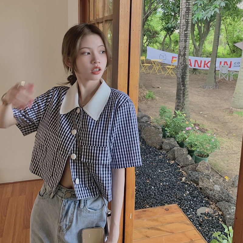 Áo Sơ Mi Tay Ngắn Họa Tiết Sọc Caro Xinh Xắn Thời Trang Mùa Hè Cho Nữ