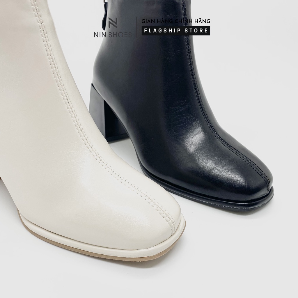 Giày Boot nữ 5p gót vuông khóa giả kéo khóa hông da si cổ thấp Ninshoes | BigBuy360 - bigbuy360.vn