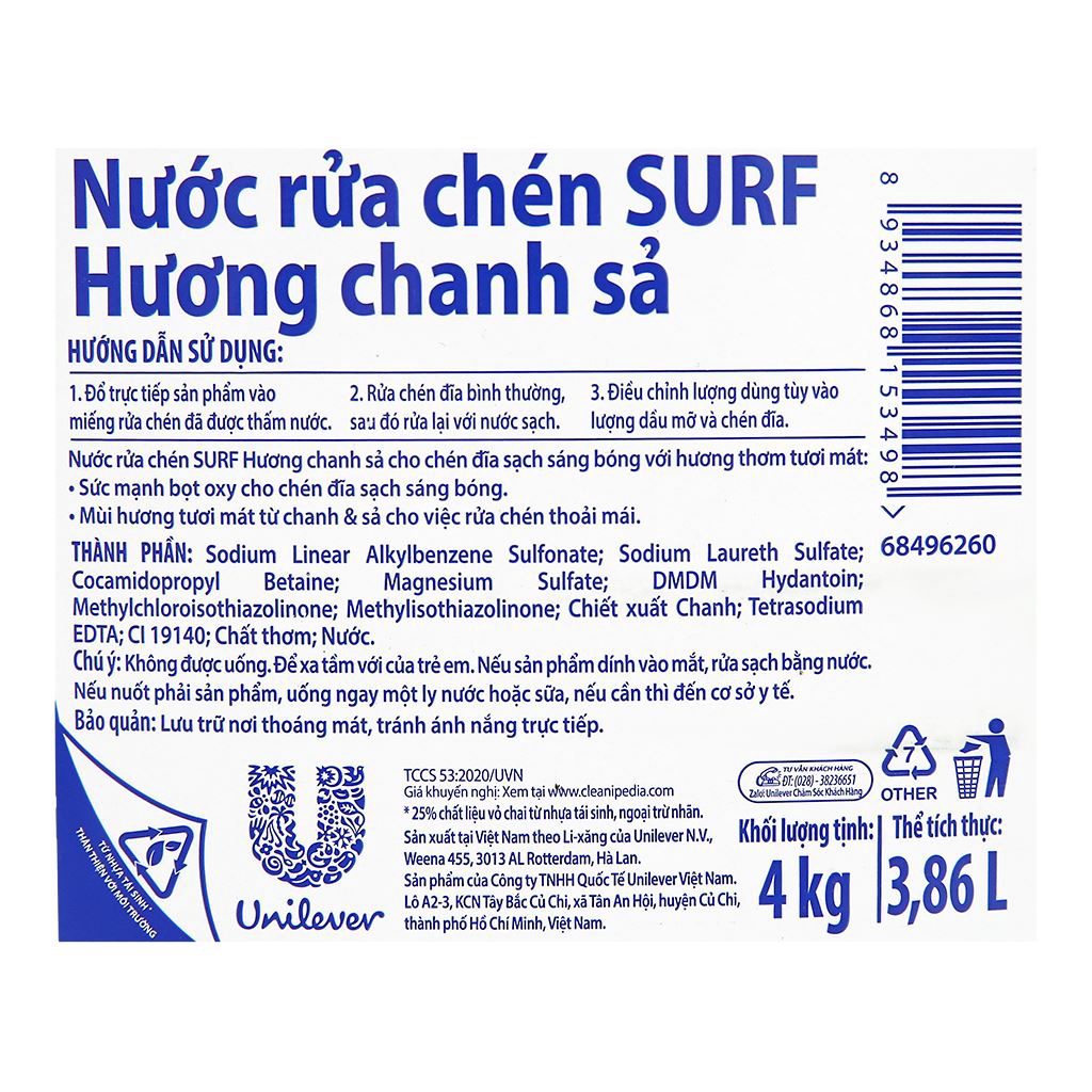 Nước rửa chén Surf hương tắc/chanh sả dịu nhẹ can 3.8kg