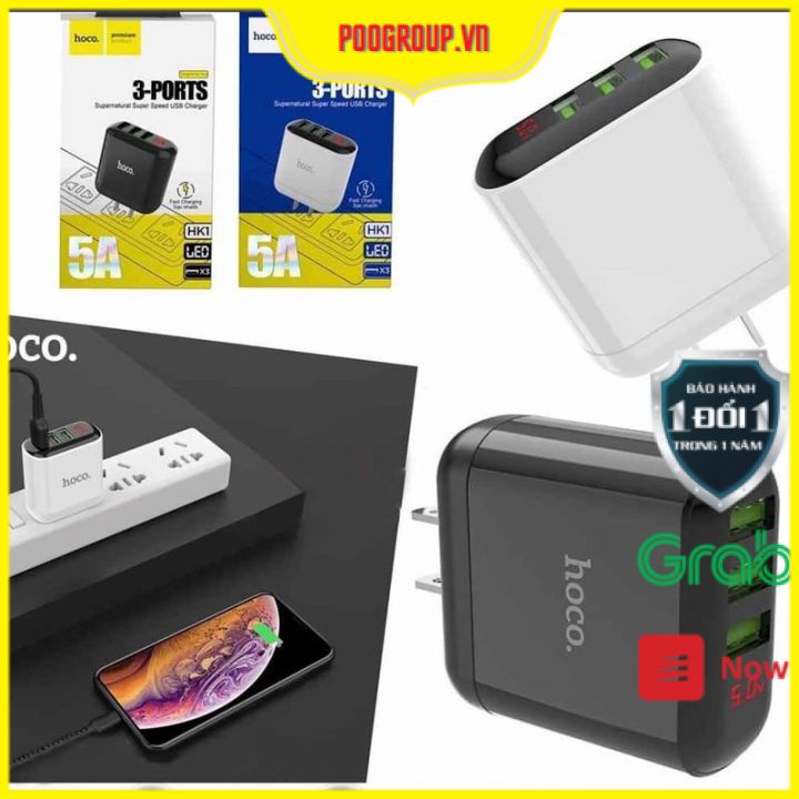 Cốc Sạc Nhanh Chính Hãng Hoco HK1 3USB 5A Có Màn Hình LCD Hiển Thị % Pin Bảo Hành 1 Năm