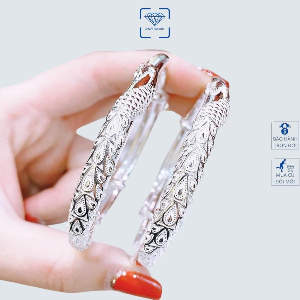 Kiềng tay bạc nữ họa tiết đuôi công, chuẩn bạc ta bao sáng không xuống màu - Anchi jewelry