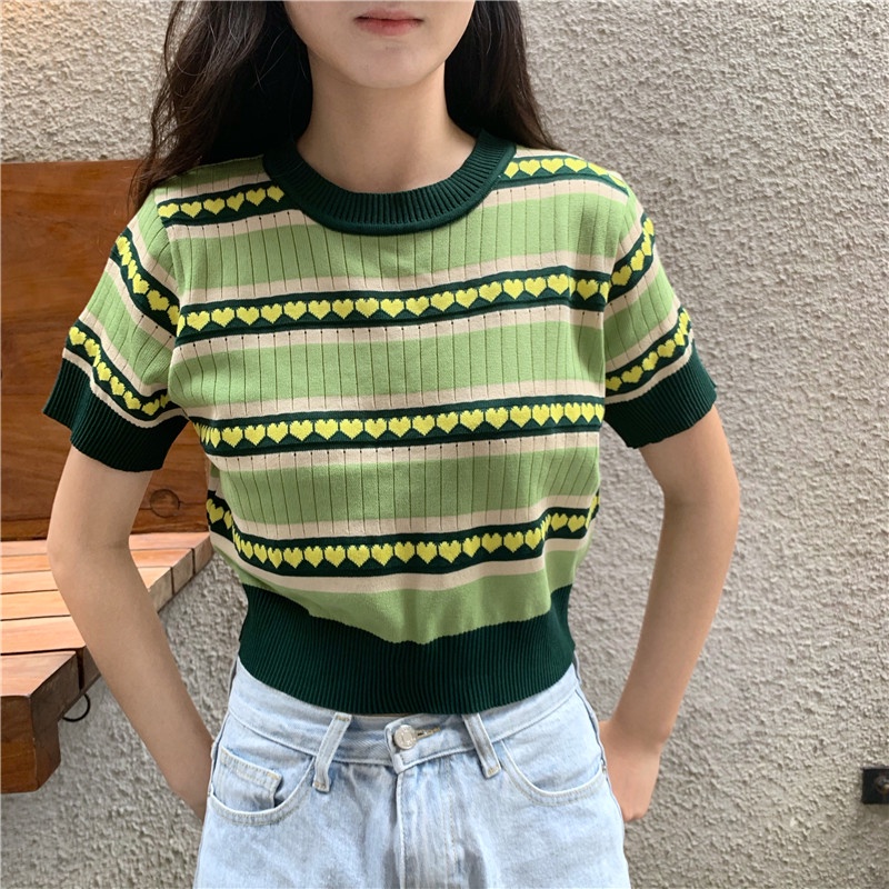 Áo Croptop Dệt Kim Tay Ngắn Dáng Ôm Màu Sắc Dễ Phối Đồ Phong Cách Hàn Quốc