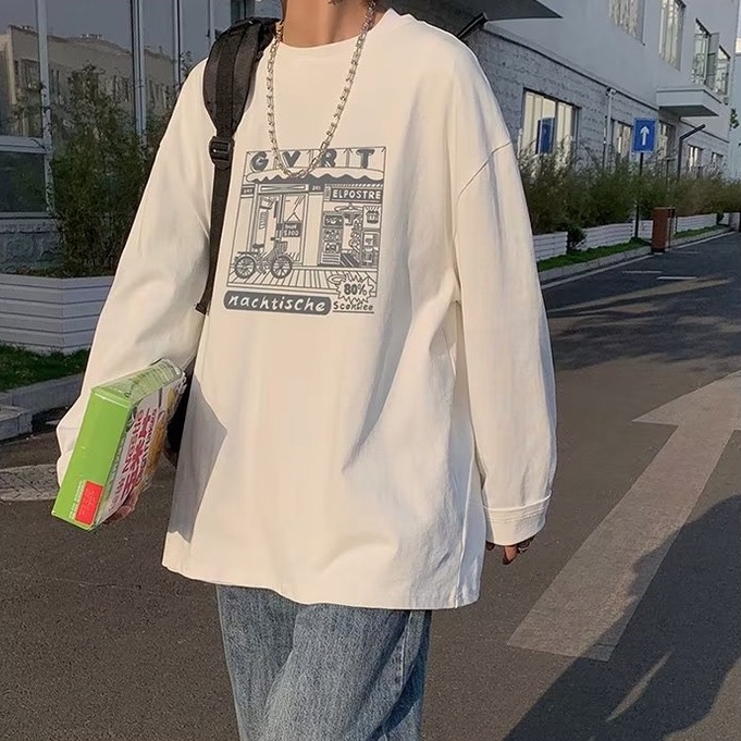 Áo Thun Dài Tay Cổ Tròn In Họa Tiết Đơn Giản Theo Phong Cách Hàn Quốc