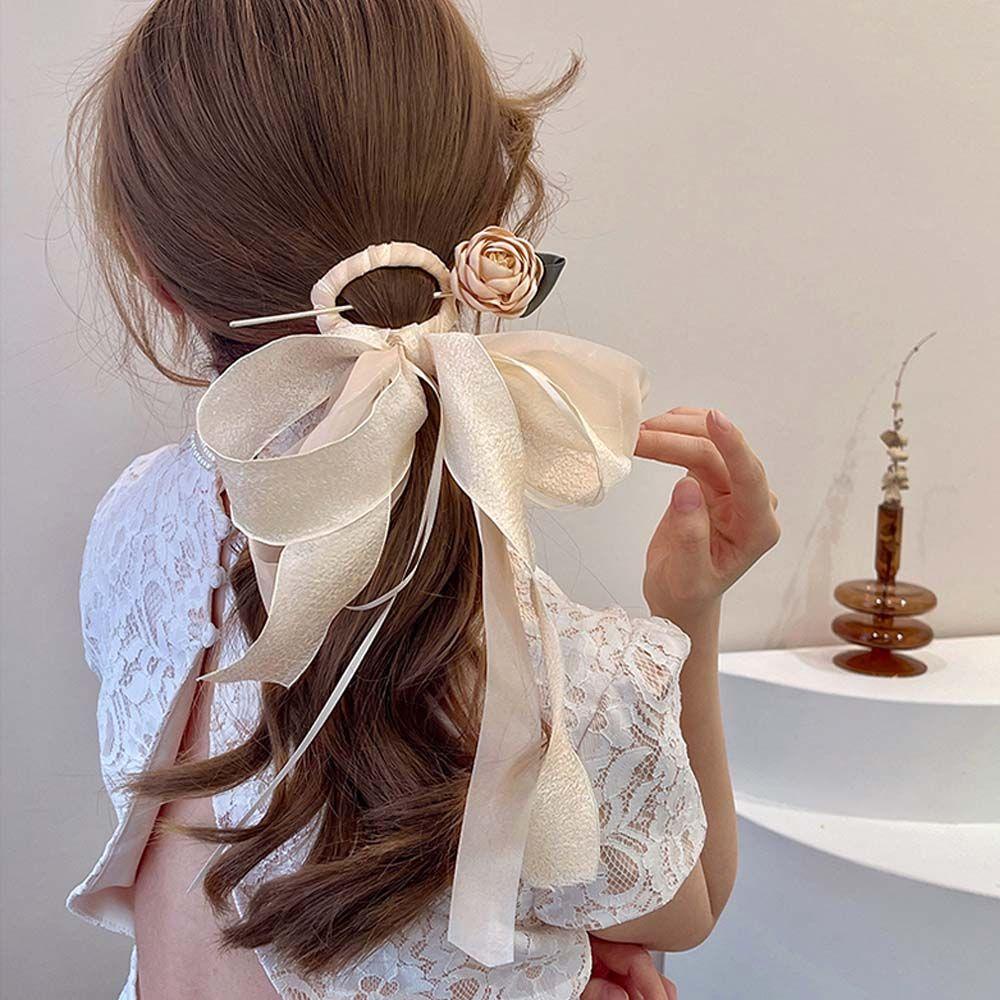 Kẹp Tóc Nơ Vải Lưới Phối Ruy Băng Lụa Phong Cách Trung Hoa Cổ Điển Ngọt Ngào Cho Nữ