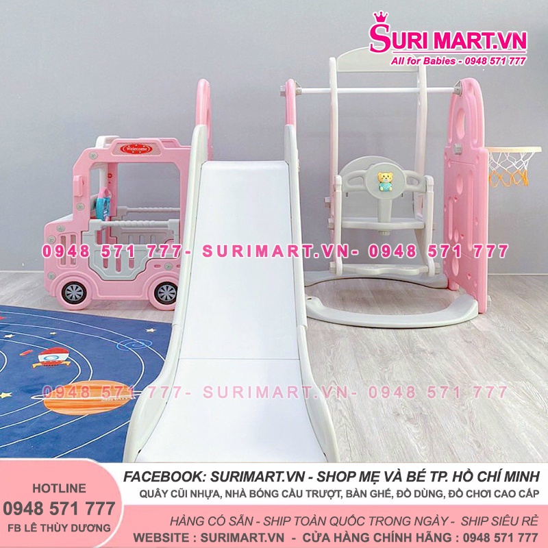Cầu trượt xích đu ô tô Bus đa năng - Cầu trượt ô tô Bus cho bé 4in1