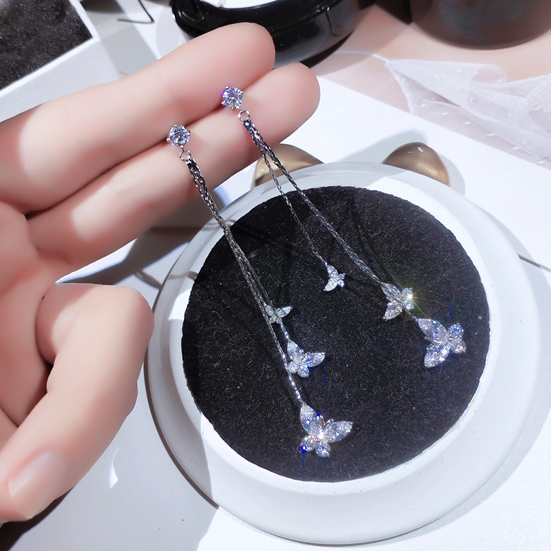 [Jiudolan] Bông Tai Dài Tua Rua Hình Bướm Đính Đá Zircon Sang Trọng Thời Trang Hàn Quốc Dành Cho Bạn Nữ