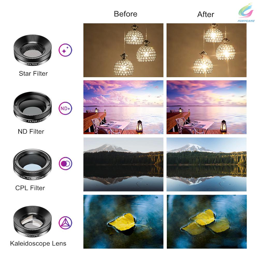 FY APEXEL APL-DG11 Universal Professional HD Phone Camera Lens Kit 11in1 Micro Lens 140° Wide Angle Lens 205° Fisheye Lens Kaleidoscope Lens Grad Color & Full Color Filters ND32 CPL Star Filters Compatible with Samsung and Other Smartphones