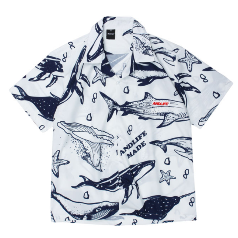 Áo Sơ Mi Tay Ngắn Họa Tiết Cá Voi Cá Tính Thời Trang