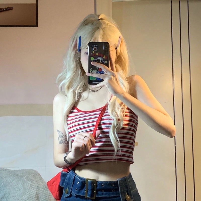 Áo 2 dây kẻ đỏ, áo 2 dây màu đỏ croptop