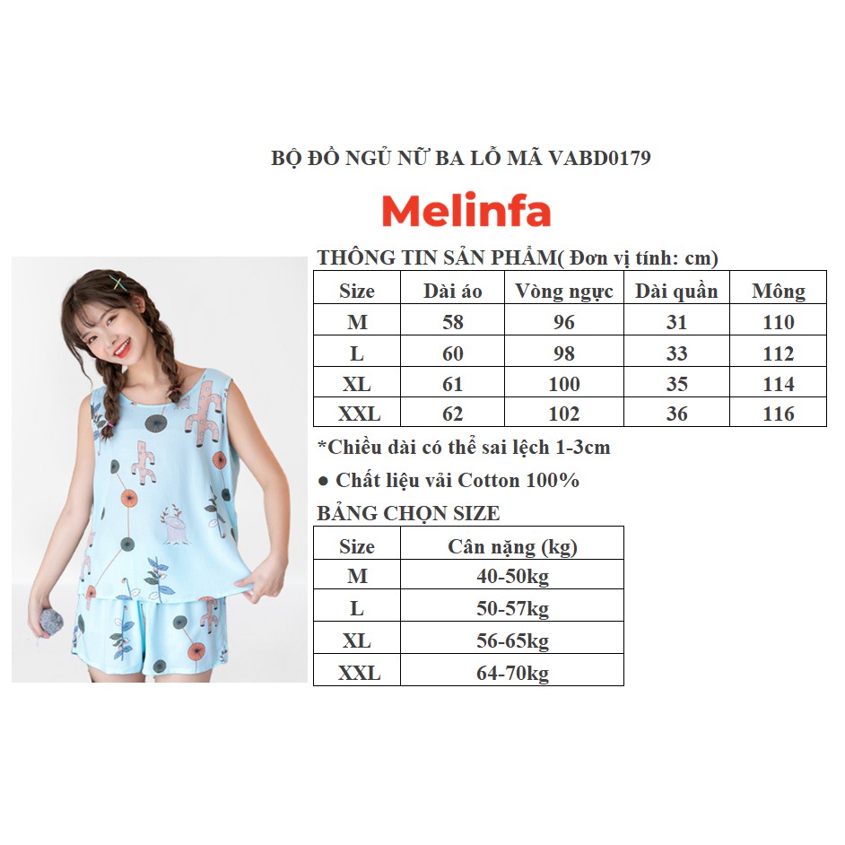 Bộ đồ ngủ nữ, bộ đồ mặc nhà áo ba lỗ quần short vải lanh lụa cotton thoáng mát mặc mùa hè, bộ ba lỗ mã VABD0179