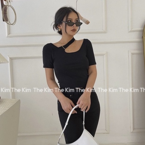 Áo thun croptop ngắn tay chất cotton phối dây chéo cổ , áo phông basic The Kim A110