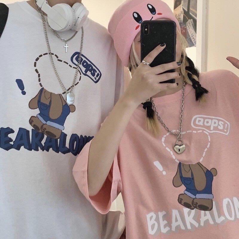 [Bán sỉ] Áo thun cotton tay lỡ dáng rộng unisex freesize 38-65kg - gấu nét đứt