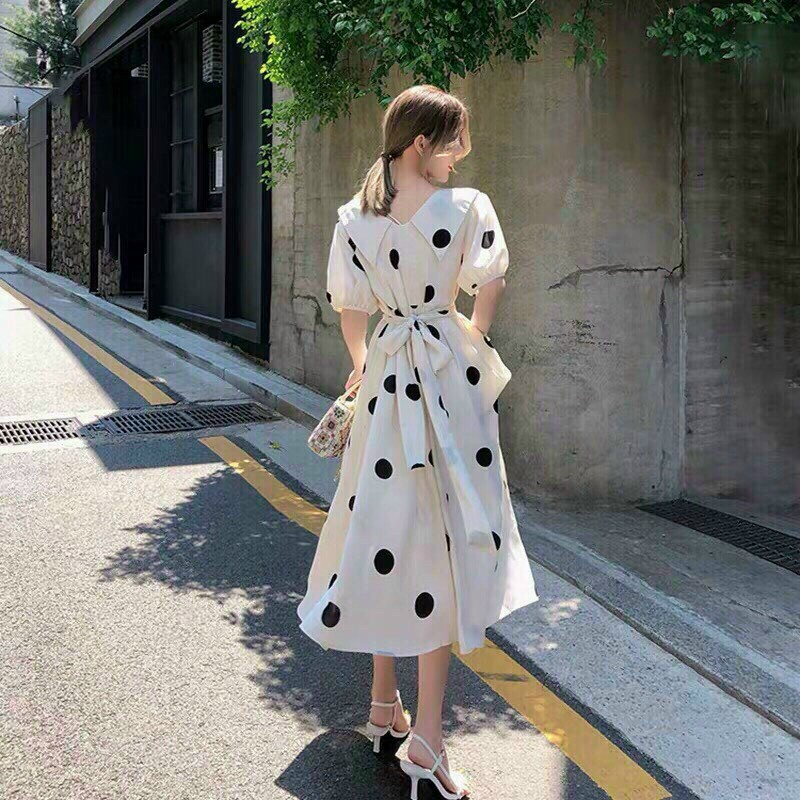Đầm nữ công sở ,đầm trắng chấm bi cổ tròn dáng xờe dài