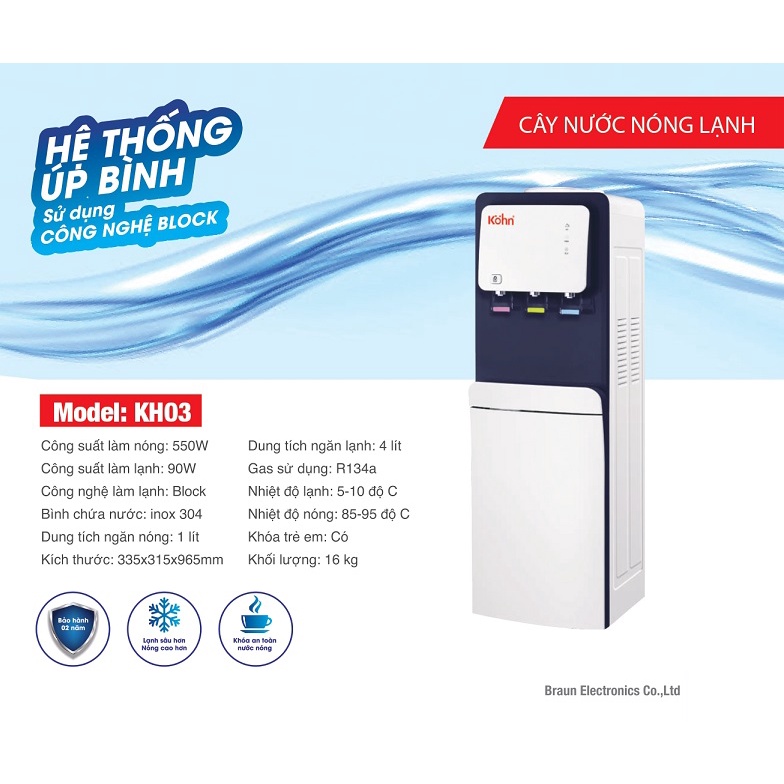 Cây Nước Nóng Lạnh Kohn KH03 - Công nghệ Block làm lạnh nhanh- Hệ thống úp bình - Hàng chính hãng bảo hành 24 tháng