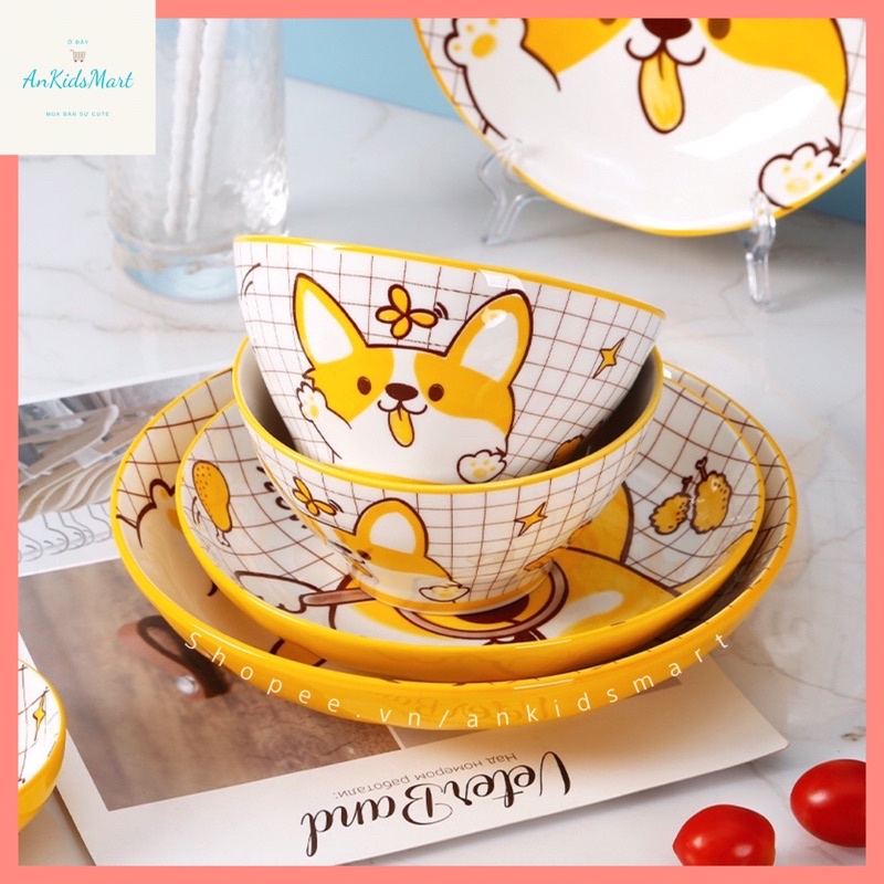 Bộ đồ ăn bằng gốm sứ cao cấp hoạ tiết thám tử Corgi dễ thương