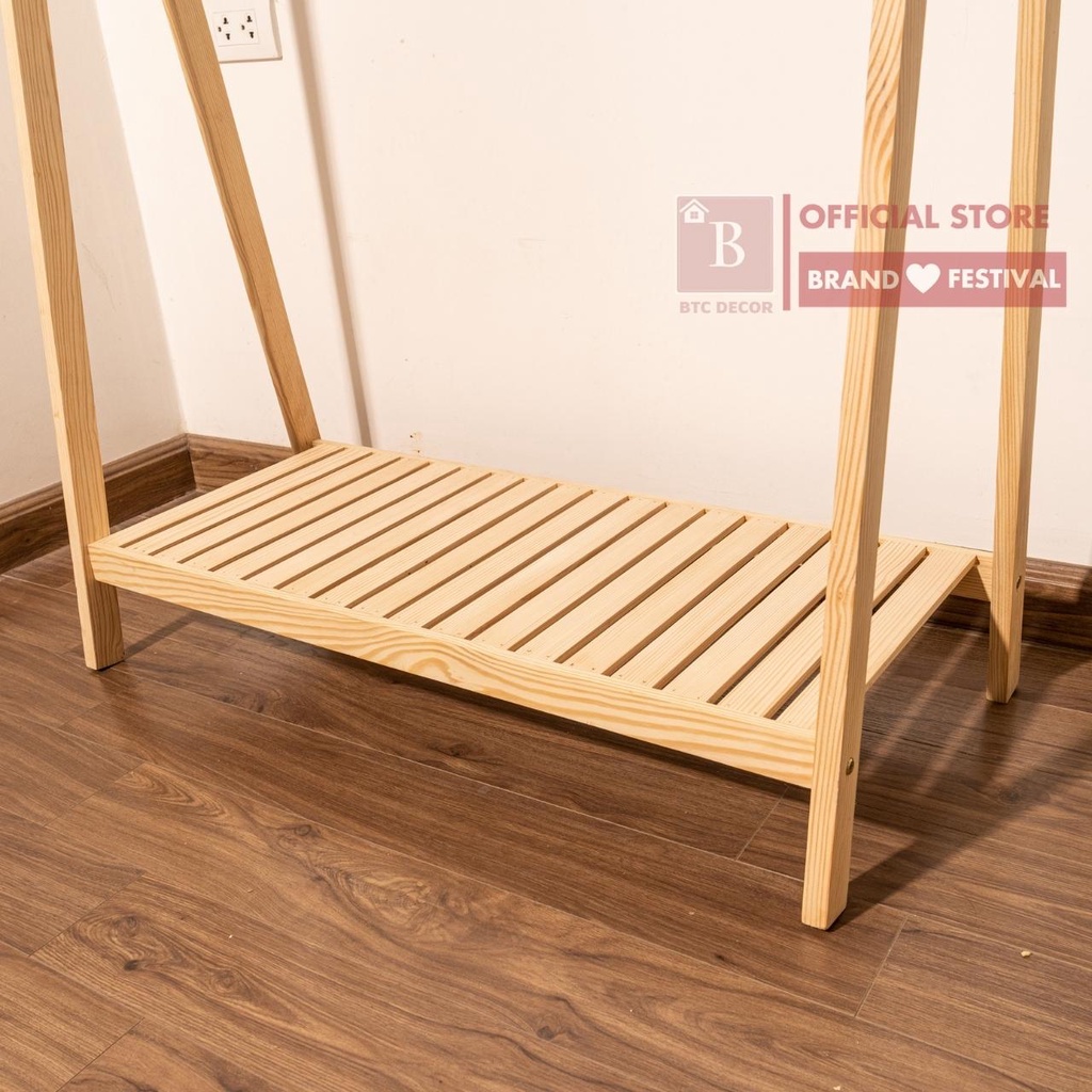 Giá Treo Quần Áo Gỗ Thông 1 Tầng BTC DECOR - Màu Sắc Tự Nhiên, Kích Thước 150 X 82 X 35 cm - BH 12 Tháng