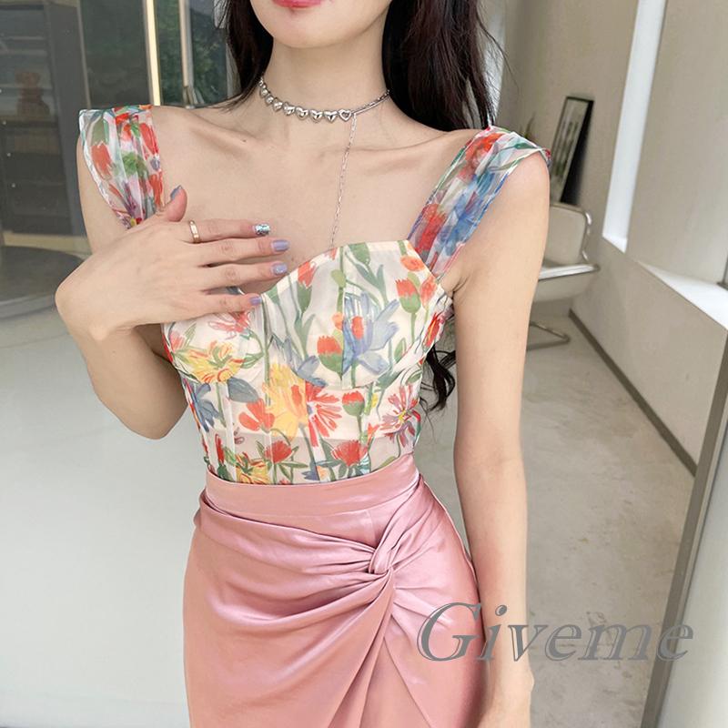 Áo Lửng Hai Dây Họa Tiết Hoa Ngọt Ngào Thời Trang Mùa Hè Cho Nữ