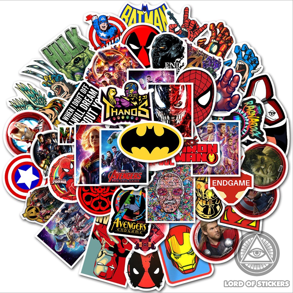 Set 50 Nhãn Dán Siêu Anh Hùng Marvel DC Sticker Phim Hoạt Hình Chống Thấm Nước Trang Trí Mũ Bảo Hiểm, Ván Trượt, Laptop
