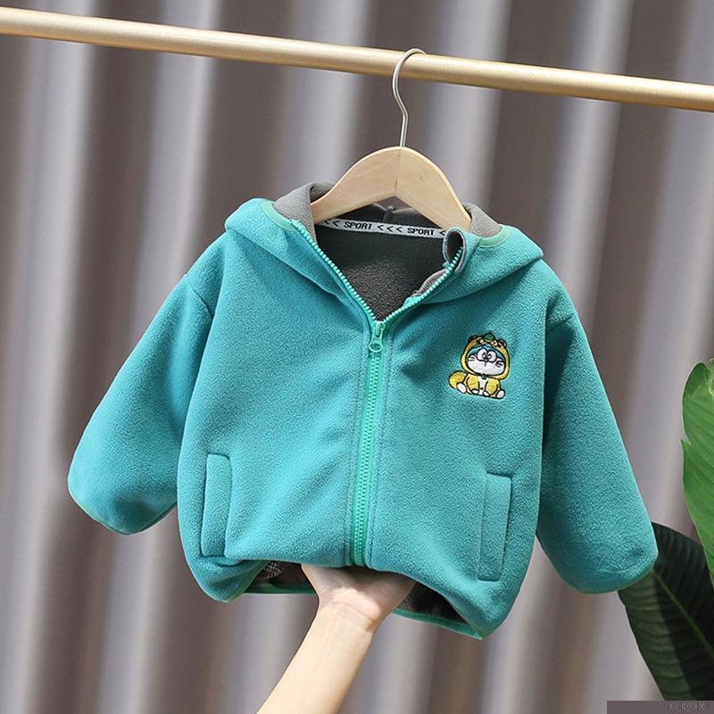 Áo khoác cotton lông cừu tay dài dáng rộng phối khóa kéo in hoạt hình kiểu Hàn Quốc cho bé trai