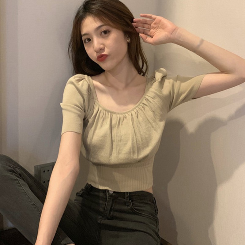 Áo Thun Nữ Ngắn Tay Cổ Vuông Thời Trang Hàn