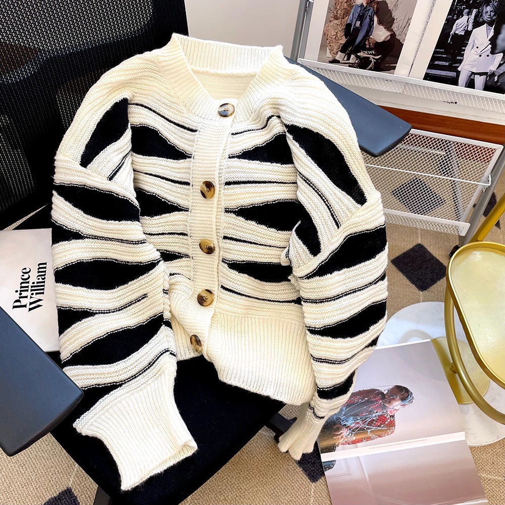 Áo Khoác Cardigan Dệt Kim Họa Tiết Kẻ Sọc Thời Trang Mùa Thu Cho Nữ