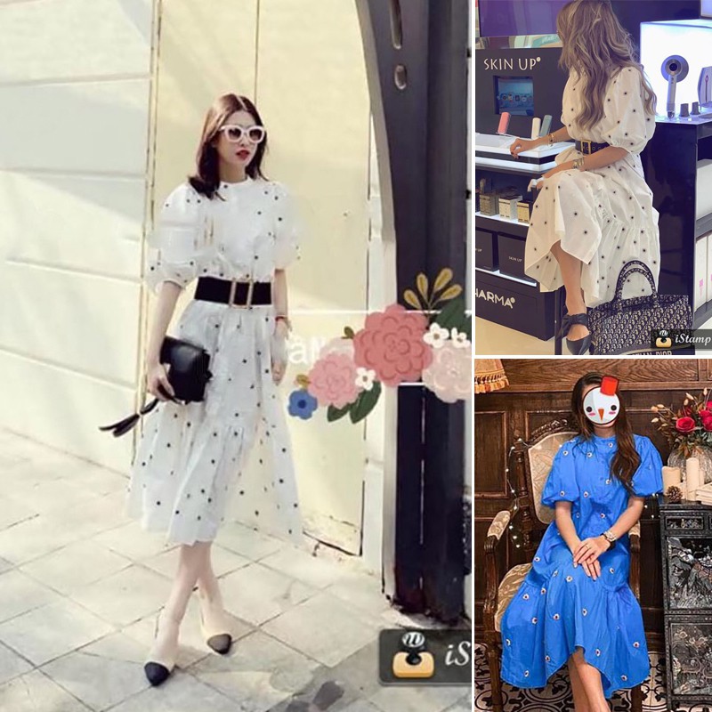 (3 MÀU) ĐẦM ZARA XUẤT NỮ TAY BỒNG HOẠ TIẾT CHẤM BI MÀU TRẮNG XANH