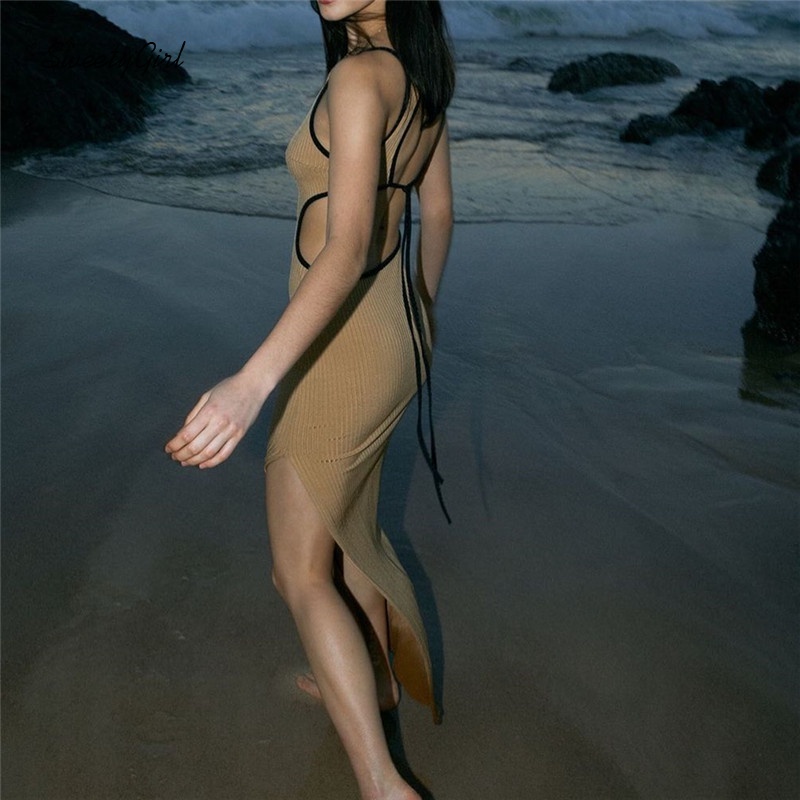 Đầm midi sát nách hở lưng màu sắc tương phản thời trang đường phố khí chất gợi cảm cho nữ