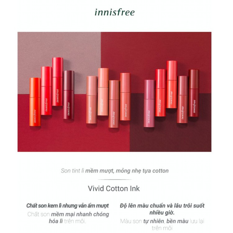 Son tint lì mềm mượt innisfree Vivid Cotton Ink 4g