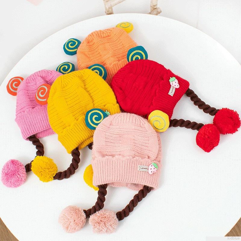 Mũ beanie dệt kim đính quả bông co giãn phong cách thu đông đáng yêu cho bé gái 0-1 tuổi