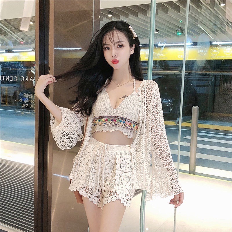 Set Bikini bikini ren đi biển 3 món áo bra-quần sooc- áo choàng bộ bikini len moc br10