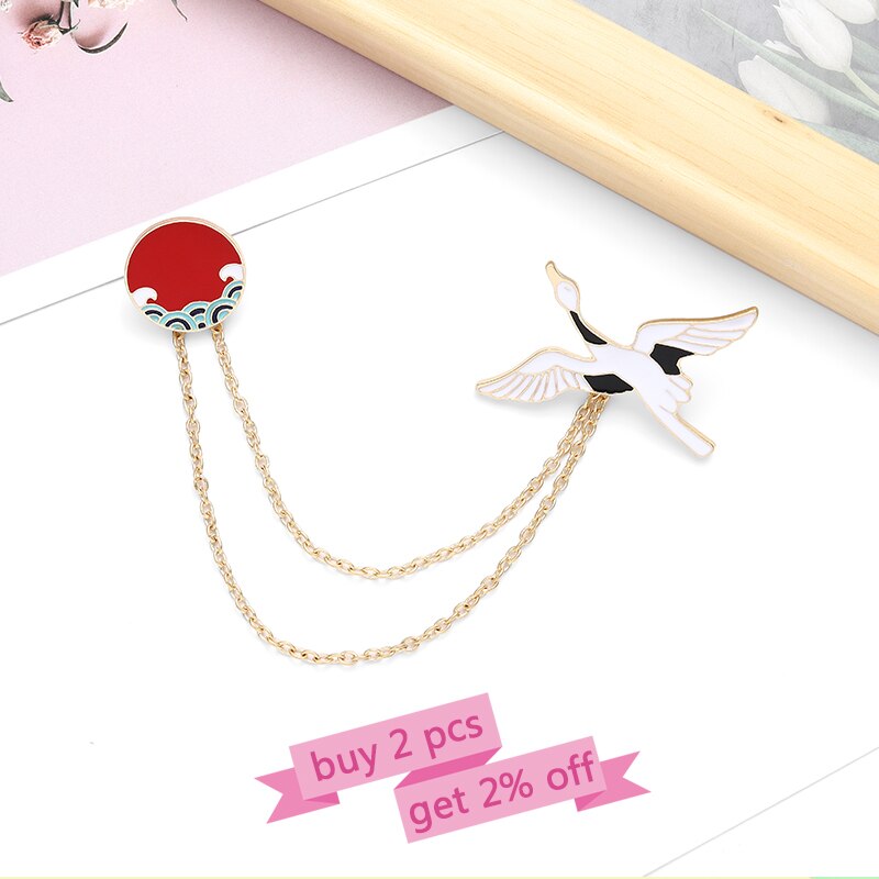 Ghim Cài Áo Tráng Men Họa Tiết Chim Sếu Đại Dương Phong Cách Cổ Điển