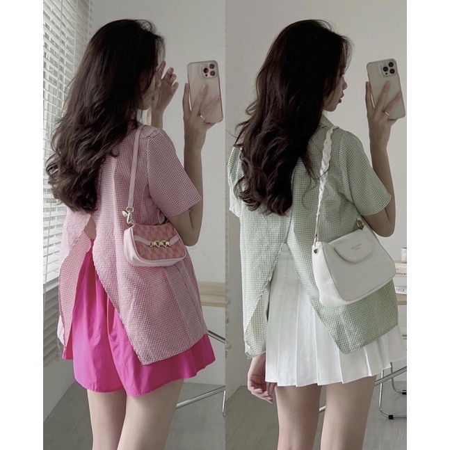 [Ảnh thật/Sẵn]Áo Sơmi kẻ chất xốp XẺ LƯNG cộc tay