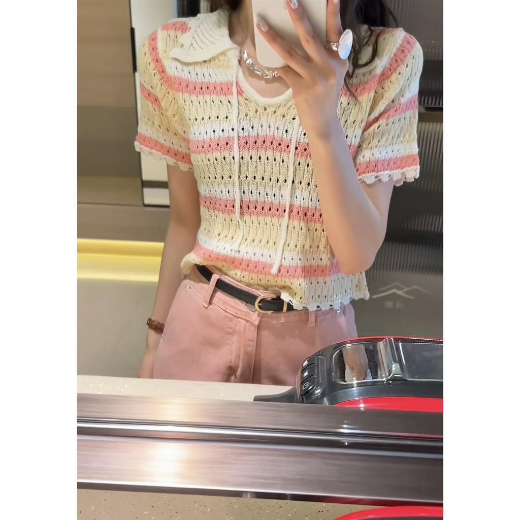 ZHELIHANGFEI Áo Sweater Dệt Kim Cổ Bẻ Cột Dây Màu Sắc Ngọt Ngào Phong Cách Pháp