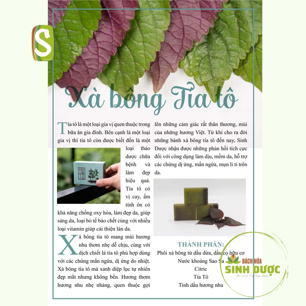 Xà phòng rửa tay, tắm Tía Tô HTX Sinh Dược 100g- MÁT DA, DIỆT KHUẨN, SÁNG SẠCH