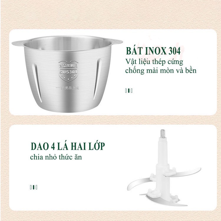 Máy Xay Thịt 304 Cối Inox 4 Lưỡi Đa Năng, Công suất 2L-250W- Xay thịt, xay tỏi ới, xay rau củ quả（XQY71）