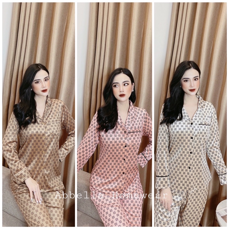 Đồ bộ thu đông nữ, bộ nhung tăm dày dặn SOMNIA, pyjama,  bộ mặc nhà dài tay họa tiết Gu cci , đồ ngủ