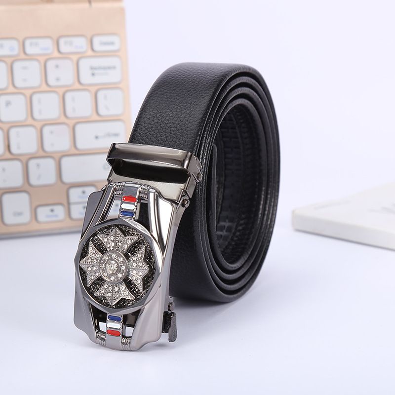 Thắt lưng nam da cao cấp, mặt đính đá xoay 360, khóa tự động mạ kim sang trọng