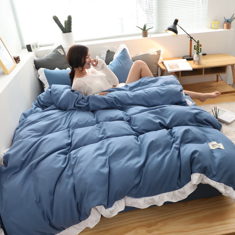 Bộ Chăn Ga Gối Cotton Đũi Viền Bèo - Xanh Biển Viền Trắng