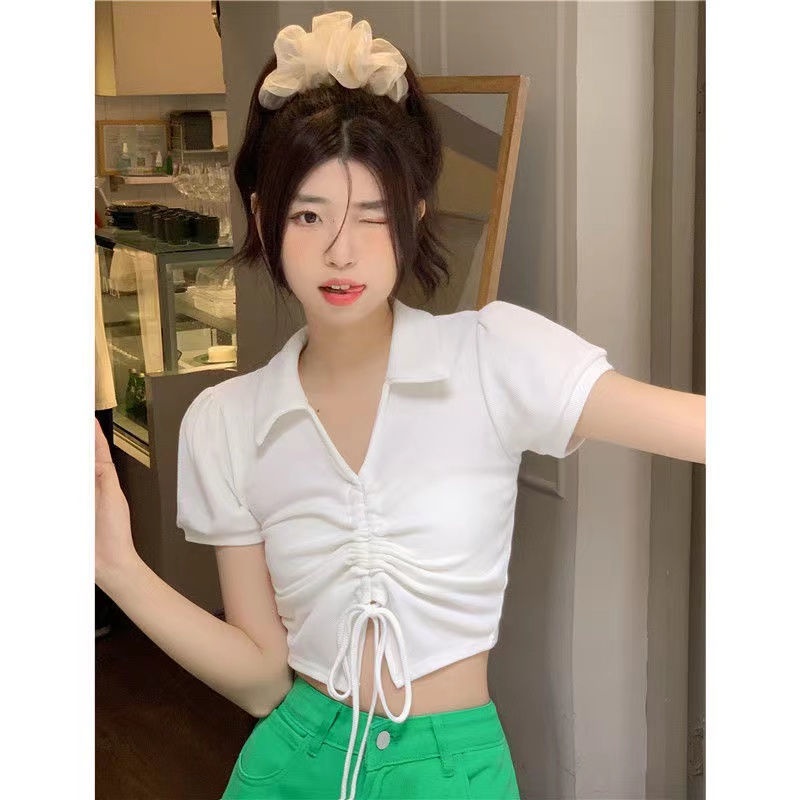 Áo polo Tay Ngắn Phồng Phối Ren Dây Rút Thời Trang Mùa Hè Cho Nữ