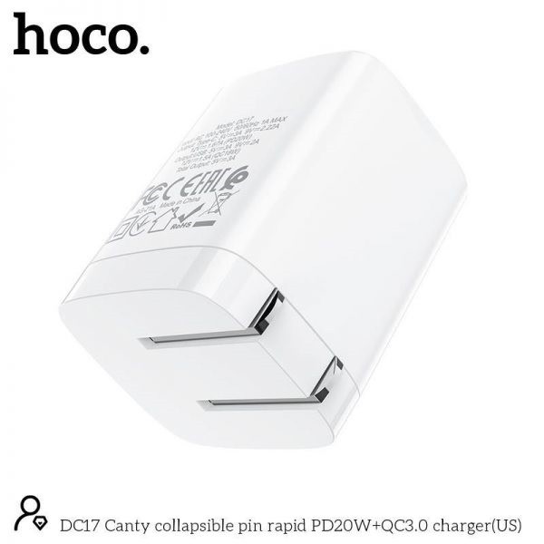 Cốc sạc 2 cổng chân dẹt gấp Hoco DC17 hỗ trợ USB QC 3.0 và TypeC PD 20W (Trắng) - Nhất Tín Computer
